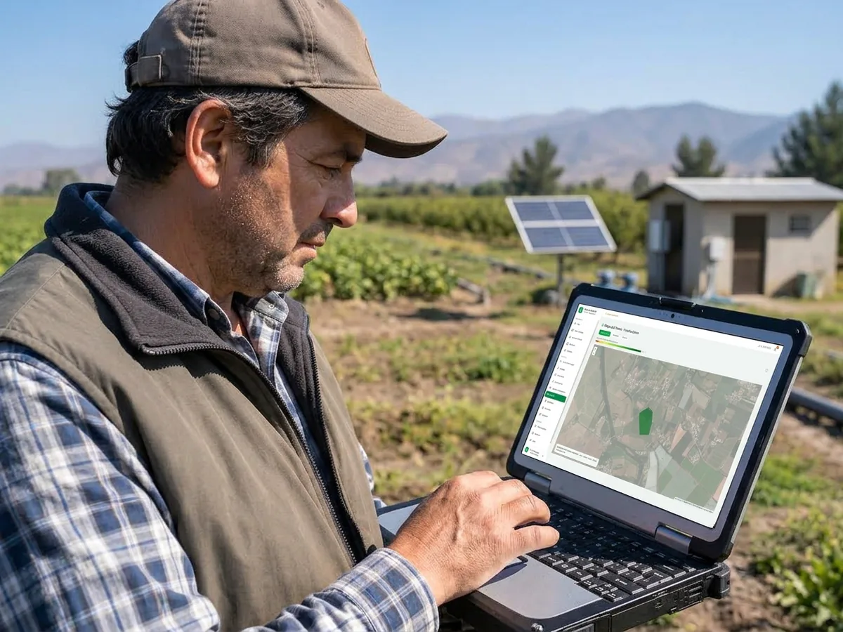 Hombre en el predio consulta un portátil reforzado con Agro Track: mapa del polígono en verde y escala de colores de vigor.