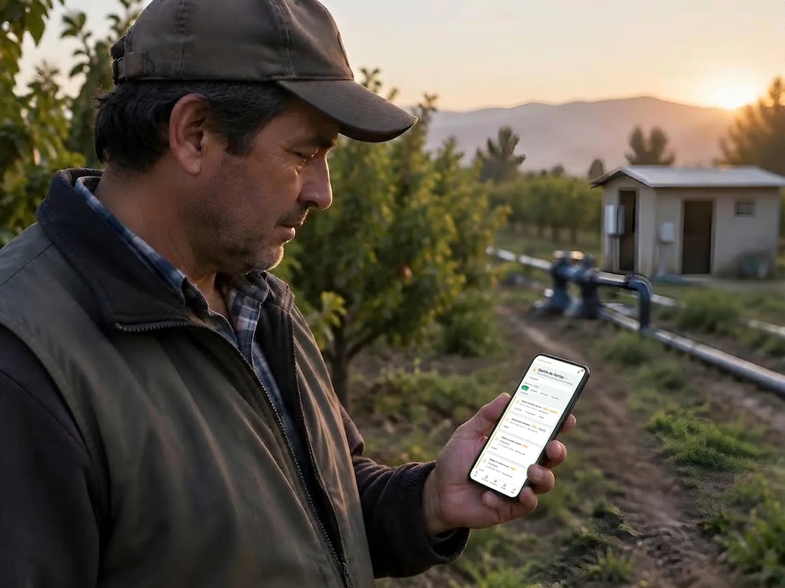 Agricultor de perfil con gorra mira un celular en el huerto al atardecer, con caseta de riego al fondo.