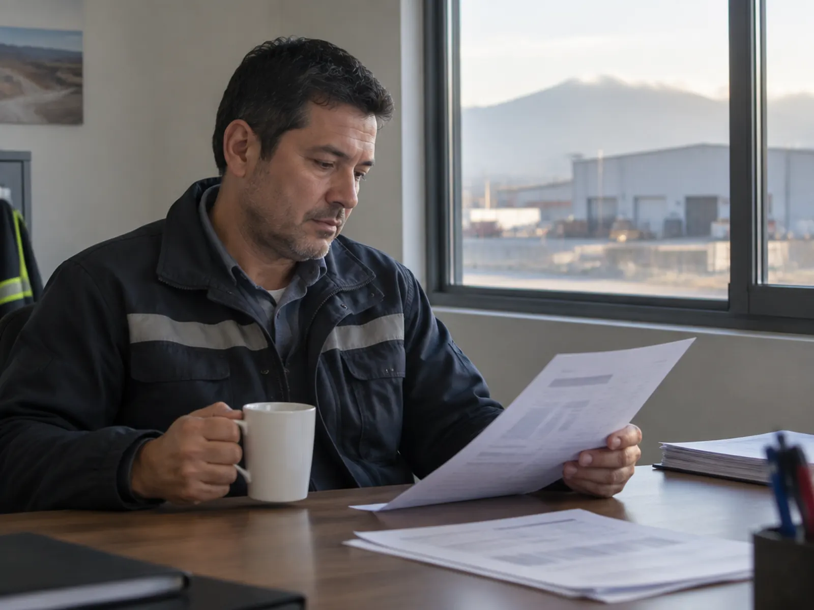 Responsable de seguridad lee un informe impreso con una taza de café, en una oficina con vista a bodegas.