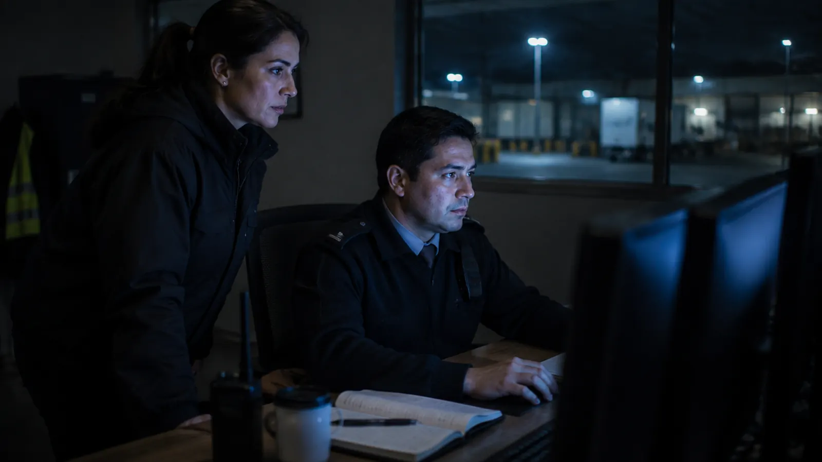 Sala de monitoreo de noche: un guardia frente a los monitores y una supervisora a su lado.