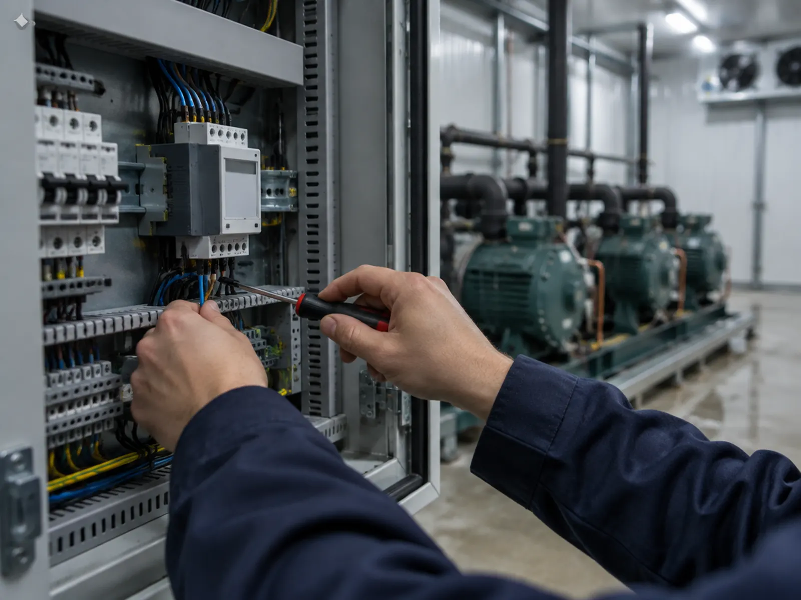 Manos de un técnico revisan un medidor de energía en un tablero eléctrico; compresores de frío al fondo.